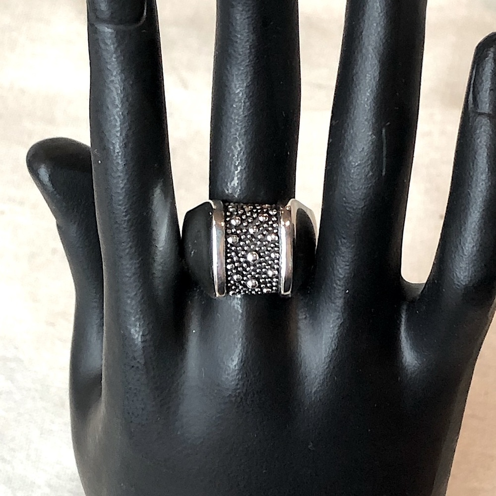 MICHAEL DAWKINS Sterling Silver Starry Night Oxidized Caviar Accented Ring Sz 7